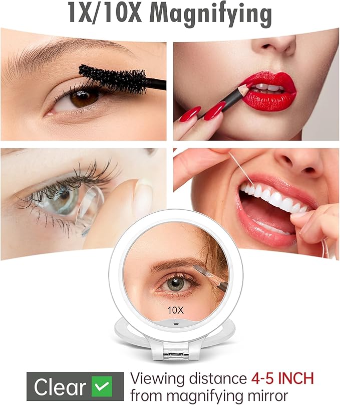 FASCINATE Magnifying Mirror 10X 1X Double Sided Magnification Makeup Vanity Mirror Rechargeable Lighted Mirror with 3 Color Setting Adjustable Rotation LED Vanity Desk Mirror