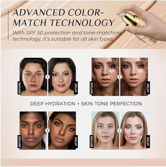 ABBASI & CO 4-in-1 Color-Changing Foundation – Medium Spectrum Shade with SPF 50+ - Anti-Aging, Hydrating, Full-Coverage Foundation Makeup Liquid & Concealer - Ideal for Sports & Dancing –1PC (30ml)