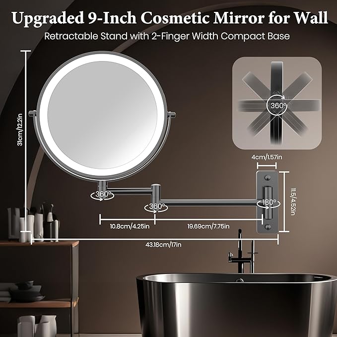 9" Large Wall Mounted Lighted Makeup Mirror Black Nickel, 1X/20X Magnifying Mirror with 3 Color Light, LED Lights Dimmable 5000mAh Rechargeable Wall Mount Makeup Mirror, 360° Swivel 17" for Bathroom