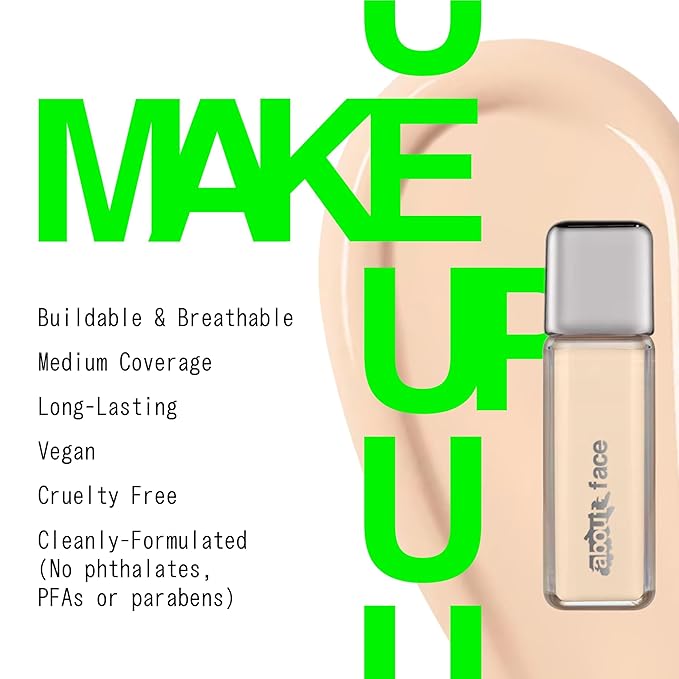 about-face THE PERFORMER Skin-Focused Foundation L1Neutral – Medium Coverage, Long-Wear, Breathable & Buildable Base – Clean, Vegan, Hydrating Formula with Blue Agave & Chlorella – 1.08oz