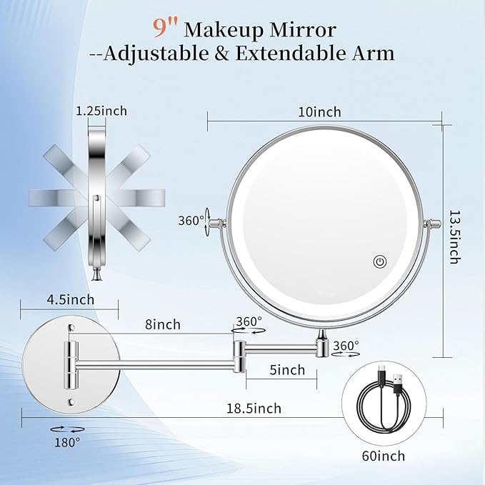 30X/1X Wall Mounted Lighted Makeup Mirror, 10'' Double Sided 4500mAh Rechargeable Magnifying Bathroom Mirror with Light, 3 Color Modes Touch Dimmable Extended Arm 360 Rotation with Adapter,Chrome
