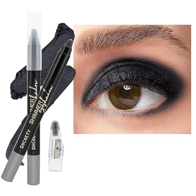 Black Eyeshadow Stick - Blendable Creamy Eye Brightener, Waterproof Long Lasting Crayon, Smooth Shimmer Shadow Highlighter Liner Makeup - #7 Black Shimmer