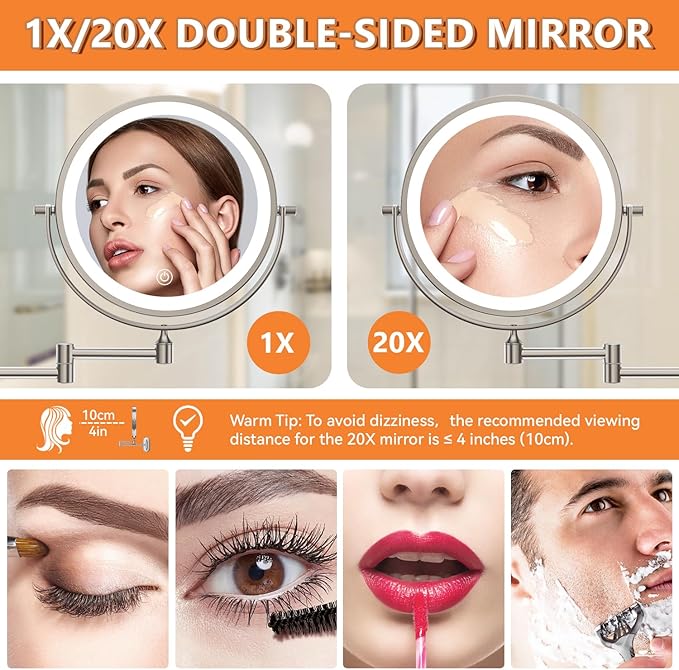 Auxmir 8'' Wall Mounted Lighted Makeup Mirror, 3200mAh Rechargeable Double-Sided 1X/20X Magnifying Mirror with Light, Touch Dimmable 3 Color Light, 360° Rotation Foldable Extended Arm, Nickel
