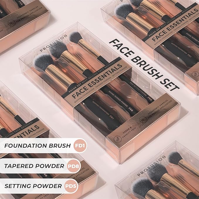 Profusion Cosmetics 3-Piece Artistry Essentials Face Brushes – Makeup Tools for Foundation, Powder & Setting, Vegan & Cruelty-Free Kit