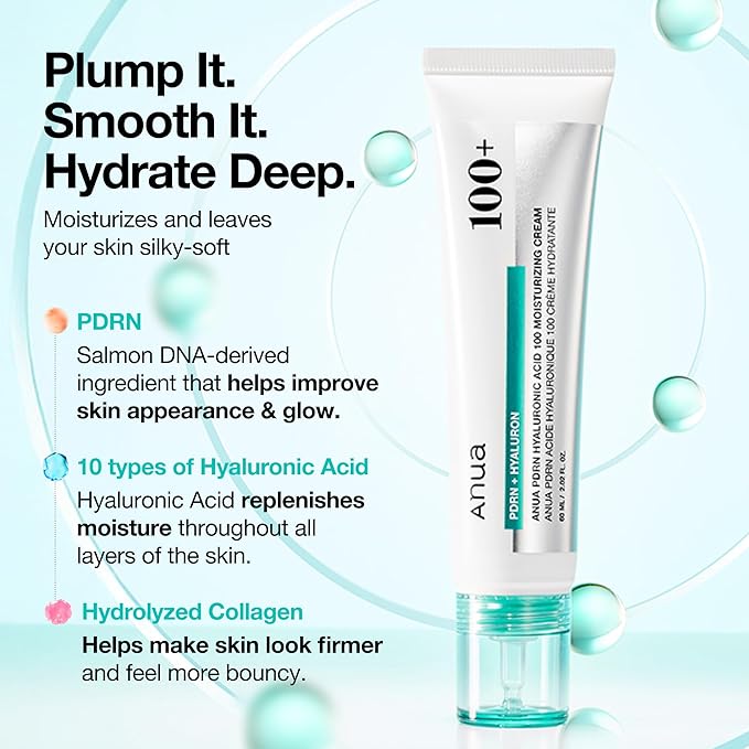 ANUA PDRN Hyaluronic Acid 100 Moisturizing Cream, Lightweight Hydrating Moisturizer with Salmon PDRN, Hyaluronic acid, Collagen for Glass Skin, Korean Skin Care (60ml / 2.02 fl. oz)