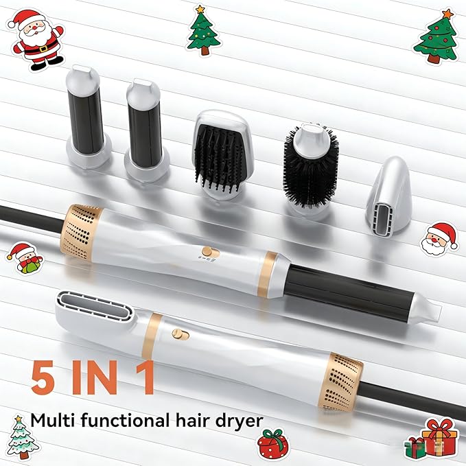 5 in 1 Blow Dryer Brush,110-120V Hair Dryer Brush, Fast Drying & 3 Adjustable Temperatures Hot-Air Hair Brushes, Detachable Hair Styler Set for Curling/Volumizing/Straightening/Styling (White Gold)