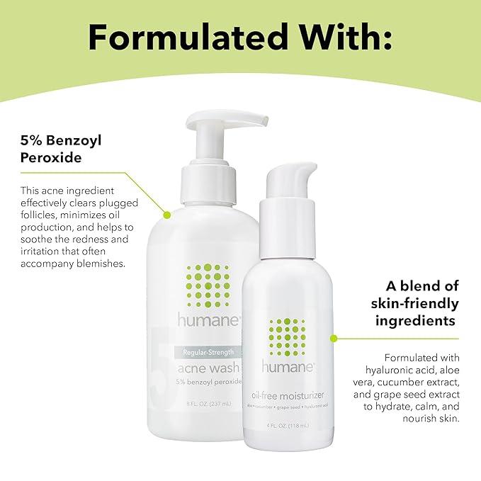 humane Regular-Strength Acne Wash and Oil-Free Moisturizer Bundle - 5% Benzoyl Peroxide Acne Treatment