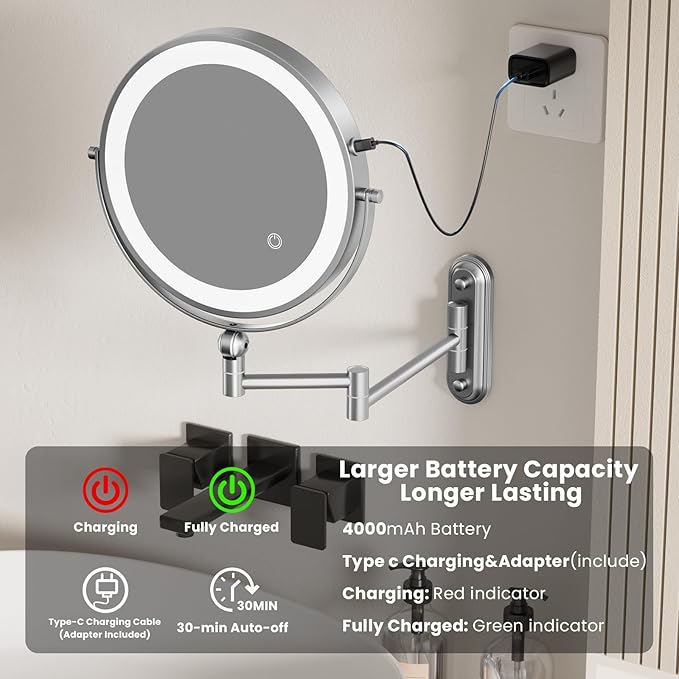 Rocollos 9-Inch Large Makeup Mirror with 30X Magnification, Rechargeable Wall Mounted Vanity Mirror with Lights, 3 Color Dimmable LED, Touch Screen & Retractable Arm-Black (9INCH-Chrome)