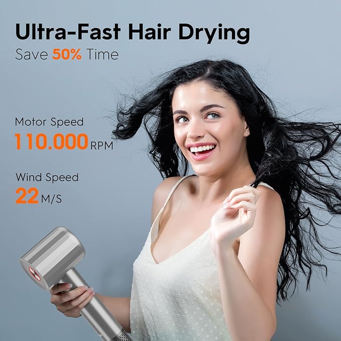 Fentgo Ionic Hair Dryer, Professional High Speed Blow Dryer with Brushless Motor for Fast Drying, Low Noise, Lightweight, Thermo-Control Bowdryer for Women Home (Grey)