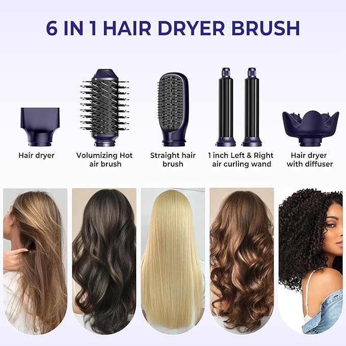 6 in 1 Hair Dryer Brush, Foldable Blow Dryer Brush with Wrap Curler, Detachable Air Hair Styler Curling, Drying,Volumizing, Straightening, Negative Ionic Hair Dryer with Diffuser, Hair Styling Tools