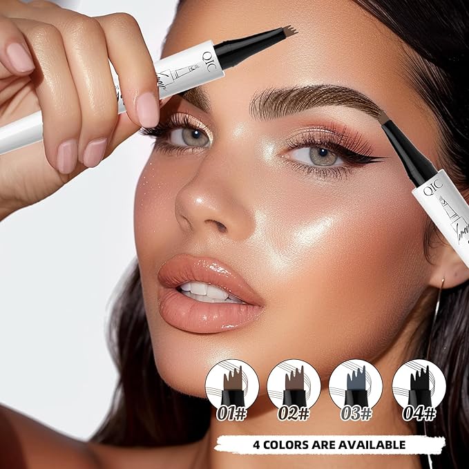 QIC Eyebrow Pencil, 3D Waterproof Microblading Brow Pen with 4 Fork Tip, Natural Makeup Long-Lasting Fine Stroke Brow Tattoo Pen (Dark Brown)
