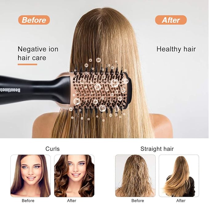 Beautimeter Blow Dryer Brush, Hot Air Brush One Step Hair Dryer and Styler Volumizer, 4 in 1 Negative Ionic Hair Styler with Oval Barrel for Smooth, Frizz-Free Hair Types, Black & Gold