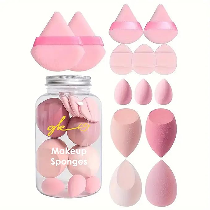 12 Piece Makeup Applicator Set- Latex Free Sponges, Wedges for Beauty Application Blender Powder Puff Set (1, Jar)