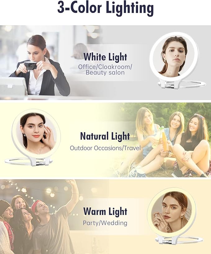 FASCINATE Magnifying Mirror 30X 1X Double Sided Magnification Makeup Vanity Mirror Rechargeable Lighted Mirror with 3 Color Setting Adjustable Rotation LED Vanity Desk Mirror