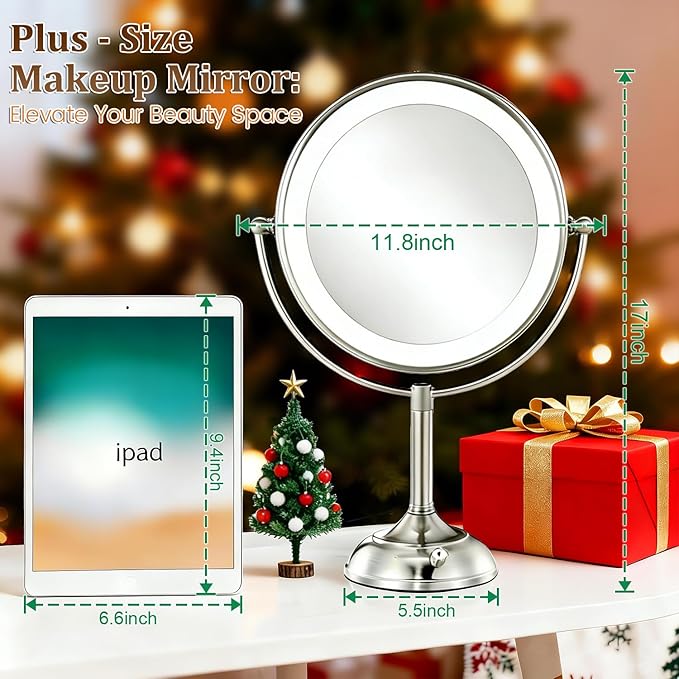 VESAUR 11.8" Extra Large 17" Tall Lighted Makeup Mirror, 1X/5X/10X 3-Sided Magnifying Mirror with 96 LEDs, 3 Color Dimmable Lights, 360° Swivel Dual Power Vanity Mirror, Nickel Finish Luxury Gift Box