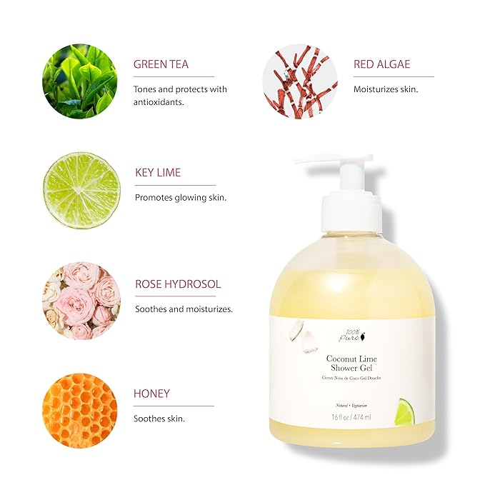 100% PURE Coconut Lime Shower Gel Natural Foaming & Hydrating Body Wash - Deeply Moisturizing Gentle Soap Cleanser for All Skin Types, Even Sensitive - Gluten-Free - 16 Fl Oz
