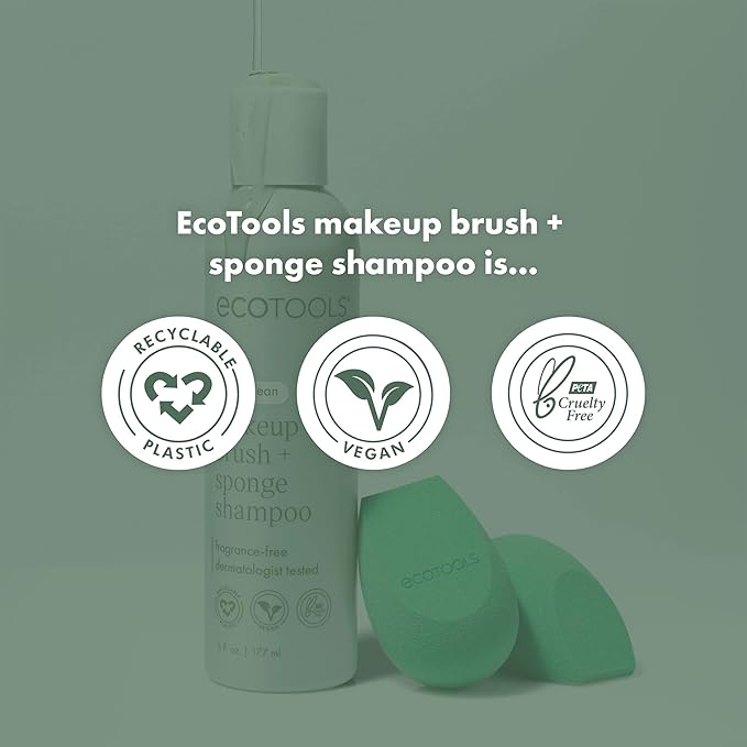 EcoTools Makeup Brush + Sponge Shampoo, Remove Makeup & Impurities From Tools, Sponges, & Puffs, Fragrance-Free Brush Cleanser, No Harsh Chemicals, Vegan, & Cruelty-Free, 8 fl. oz./236 ml. Bottle