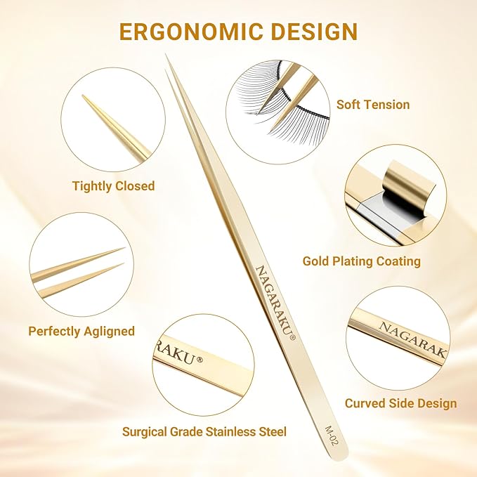 NAGARAKU Tweezers for Eyelash Extensions Straight Precision Isolator Tweezers Professional Pointed Volume Easy Fanning Lash Pinzas Stainless Steel Precise Pointy Long Tip for Lashes Isolation (M-02)