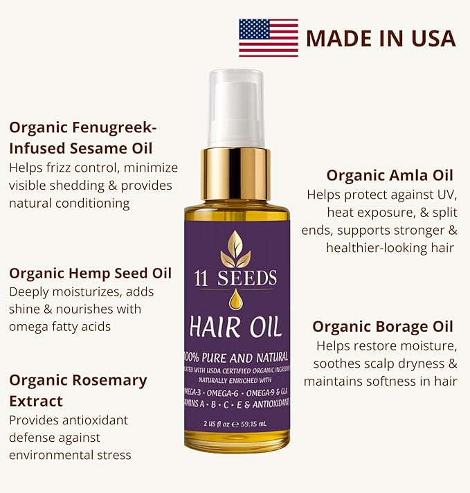 Hair Oil Naturally Enriched with Omega-3-6-9, GLA, Vitamins A, B, C, E, Lightweight Blend Supports Revitalize, Shine, Frizz Control, Color Safe, Helps Reduce Split Ends, UV & Heat - Silicone Free