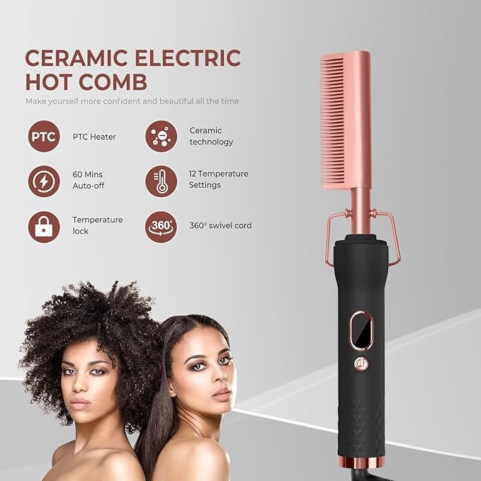 Hot Comb,Travel Curling Iron Double Voltage 110-240V with European Plug Adapter,12 Temp Settings Straightening Comb for Black Hair,Pressing Combs for Straight/Curling