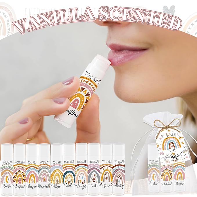 50 PCS Bohemian Rainbow Lip Balm Bulk Inspirational Words Appreciation Gift for Women Thank You Gifts Lip Moisturizer Products for Teacher Baby Shower Coworkers Friend Wedding Bridal Shower