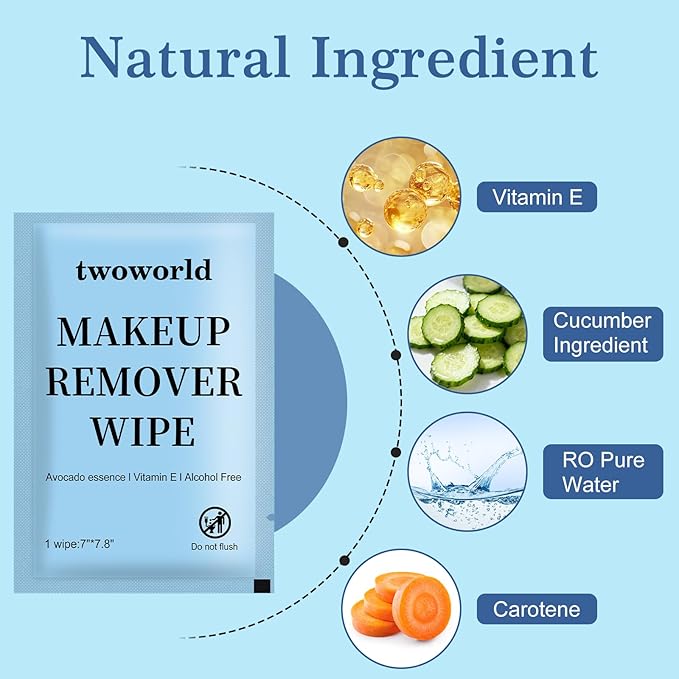 Twoworld Makeup Remover Wipes Bulk Individually Wrapped,Travel Makeup Wipes Gentle for Face Cleansing Mascara Lipstick Travel Hotel(Cucumber,Pack of 50)