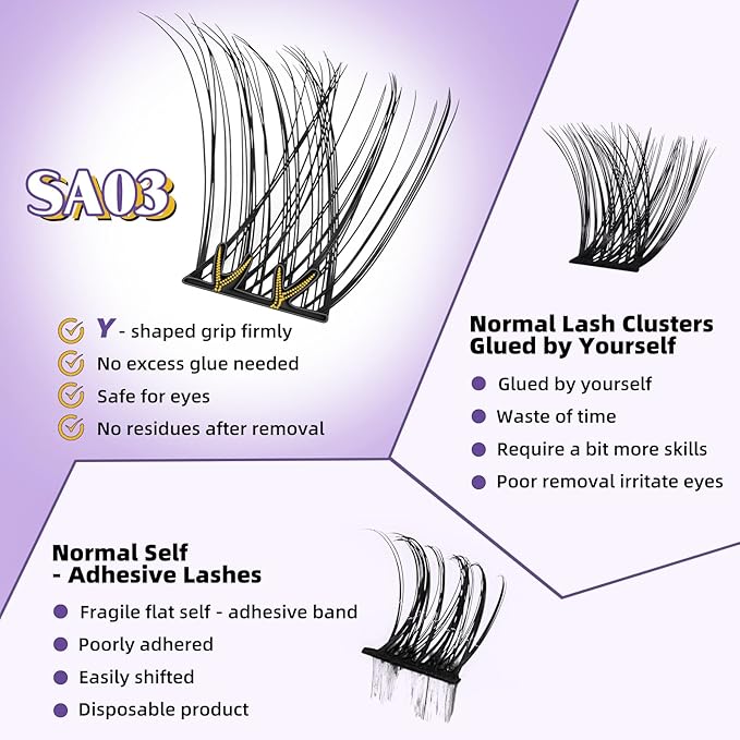 B&QSelf Adhesive Eyelashes SA03 48 PCS Self Adhesive Lashes Pre-Glued Cluster Lashes D Curl No Glue Eyelashes 10-16mm with Lash Tweezers 1 Step DIY Lash Self Stick (SA03-D)