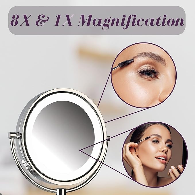 JERDON Wall-Mounted Vanity Mirror with Lights - Lighted Makeup Mirror with 8X Magnification & Chrome Finish - Plug in Model HL88CL
