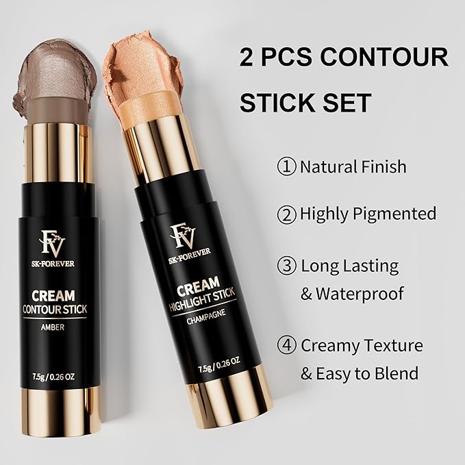 FV Contour and Highlighter Stick, Highly Pigmented & Blendable, Long Lasting & Creamy Texture, Waterproof, Natural Finish Contour Set for Face Sculpting, Travel-Friendly, 01 Amber & 03 Champagne