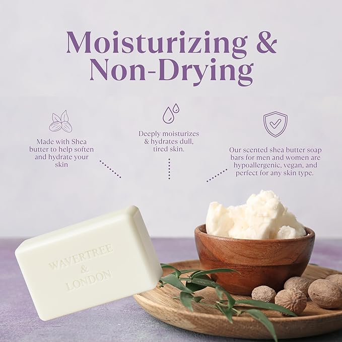 Wavertree & London Sweet Pea & Jasmine Scented Natural Soap (2 Bars), 7oz Moisturizing French Triple Milled Soap Bars enriched with shea butter - Pure Plant Based Bath & Body Bars for All Skin Types