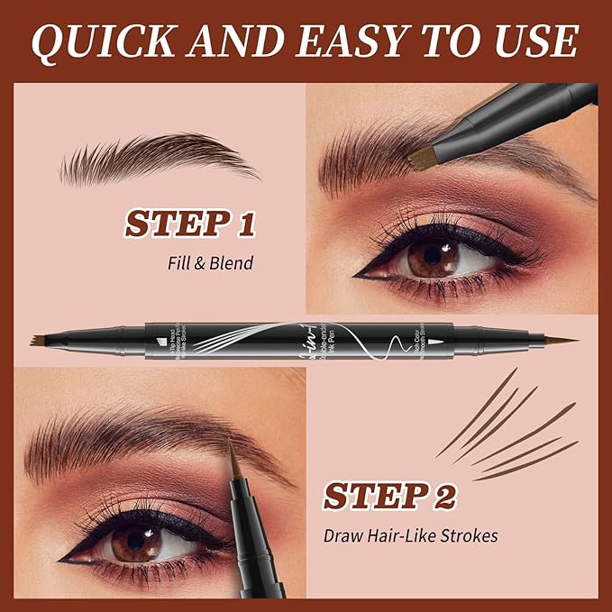 Two Eyebrow Pencils, 2025 NEW Waterproof Magic Eyebrow Pencil, Dual-Ended 3D Microblading Eyebrow Pen with 4 Tip & Eyebrow Brush, Makeup Long-Lasting Eyebrow Pen for Women (04#Black*2)