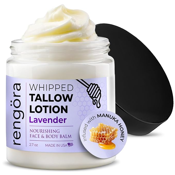 rengöra Whipped Tallow Balm - Lavender Beef Tallow for Skin 2.7oz - Grass Fed Beef Tallow Made in USA - Intense Hydration Skin Moisturizer for Men + Women with Jojoba Oil and Manuka Honey