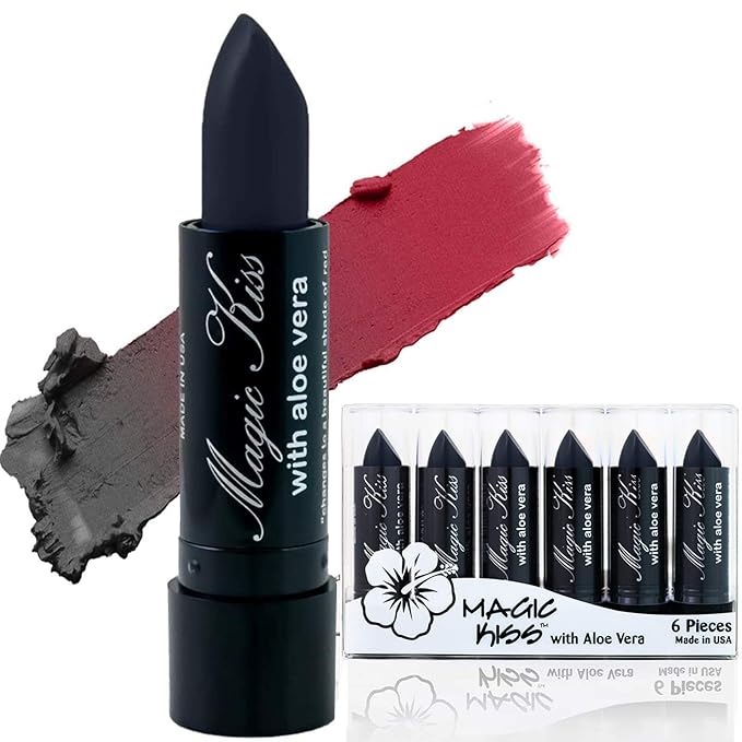 Magic Kiss Lipstick Set Aloe Vera Color Changing 6 Pack MADE IN USA (Black)