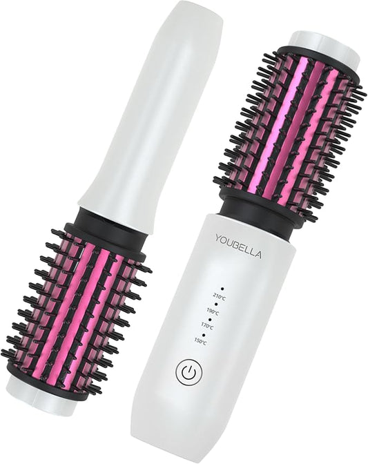 Youbella Cordless Hair Curling Iron Brush, Mini Travel Hot Straightener Comb, 3-in-1 Portable Wave Curling Wand, 1.5″ Ionic Heated Brush, USB Rechargeable Hair Curler, White – No Automatic Rotation