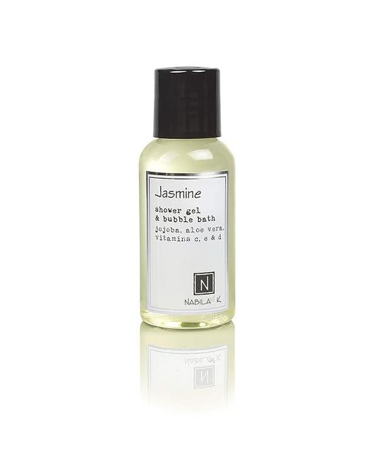 Nabila K Jasmine Shower Gel & Bubble Bath, 2.4 oz – Non-Drying Body Wash with Jojoba, Aloe Vera & Vitamins – Naturally-Derived, Sulfate-Free – Made in USA – For Men & Women