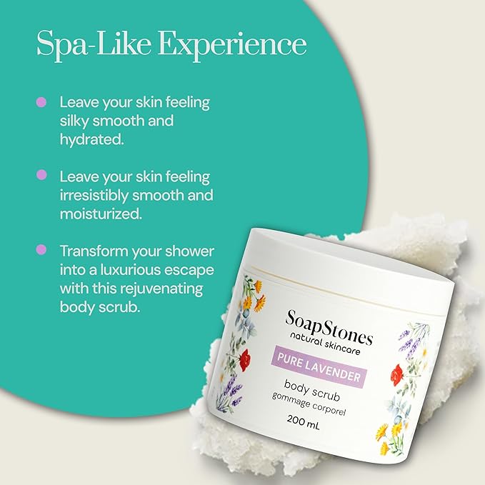 Soapstones Pure Lavender Exfoliating Body Scrub - 200 mL - Gentle and Soothing with Safflower Seed Oil - Essential Oil Infused Body Scrub Exfoliator