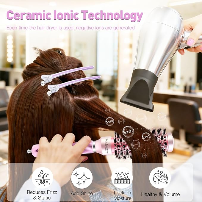 URTHEONE Round Hair Brush for Women Blow Drying, Ceramic Ionic Styling Tool with Mixed Bristles and Hair Clips, for Smooth and Voluminous Styles on Short Bangs Hair (1.3 Inch)