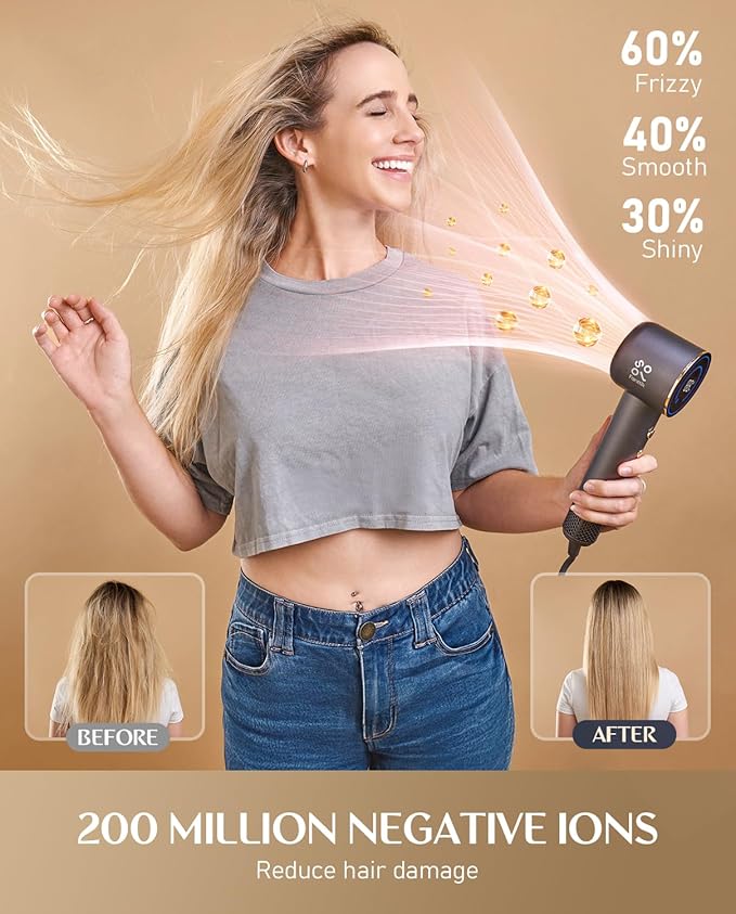 Fanttik Solo 80% Faster Drying with 110,000 RPM Brushless Motor Blow Dryer, 56dB Low-Noise, 0.74lb Ultra-Light Blow Dryer, Ionic Tech for Travel, Home, Salon, SonicDry H10 APEX - Gray