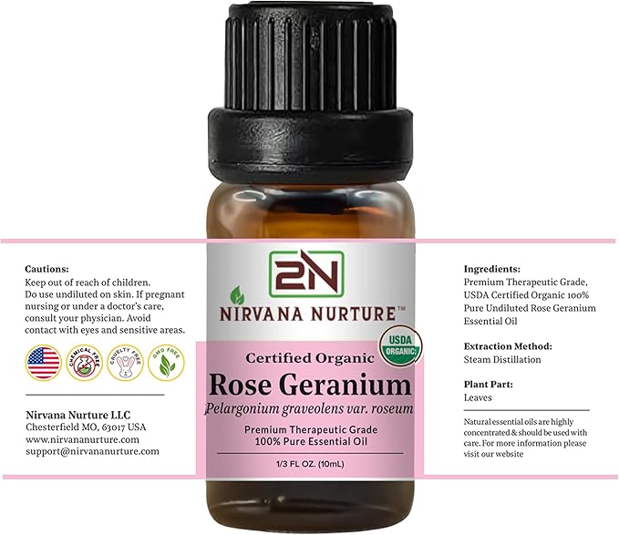Rose Geranium Essential Oil USDA Certified Organic, 100% Pure Natural Premium Grade, Undiluted