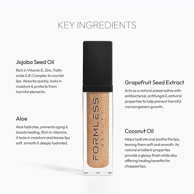 Formless Beauty | Radiance Lip Gloss by Jenny McCarthy | Mid-tone Nude with Bronze Glitter | Vegan Hydrating Formula | Non-Sticky Coconut Oil Infused | Paraben & Cruelty Free | Natural Lip Enhancer