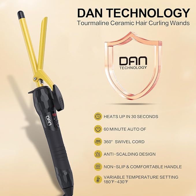 DAN Technology 1/2 Inch Thin Curling Iron for Corkscrew Curls, Tourmaline Ceramic Small Hair Curler with LCD Display (180°F–430°F), Fast Heating, Dual Voltage, Auto Shut-Off, Black & Gold