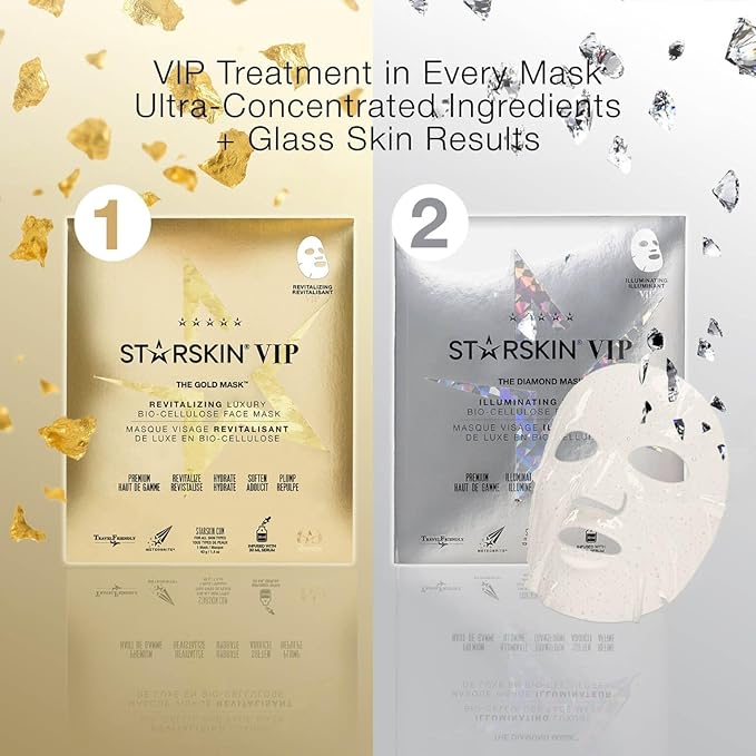 STARSKIN VIP Gold Mask Face, Coconut Bio-Cellulose Revitalizing Face Mask for all Skin Types, Korean Skin Care, Instant Hydration and Plump, Moisturizing and Nourishing, K-Beauty (Pack of 4)
