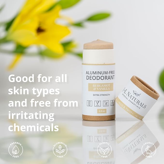 J&L Naturals Aluminum Free Deodorant for Men & Women | 100% Natural Ingredients With Coconut Oil, Shea Butter, & Essential Oils | Sustainable, Eco-Friendly (Bergamot & Vanilla, 3.0 Oz (Pack of 4))
