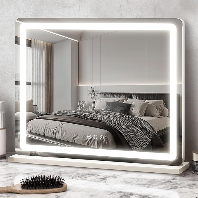 ROLOVE 23x18 Inch Vanity Mirror with Lights, 3-Color Modes, Dimmable LED Mirror with Touch Control - Large Makeup Mirror for Dressing Room (Wall/Tabletop Mount)