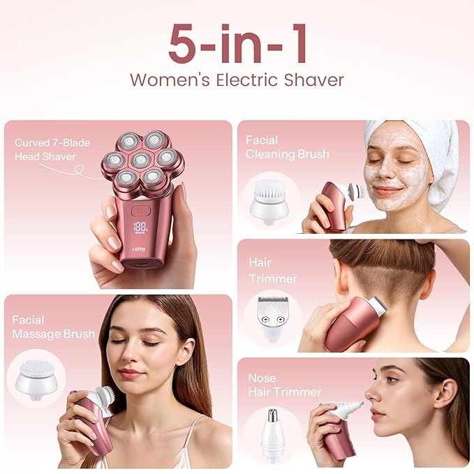 Electric Razors for Women Legs: 5-in-1 Rechargeable Body Shaver, 7D Wet & Dry Body Trimmer, IPX7 Waterproof Lady Hair Remover for Face Underarms Pubic, Matte Pink