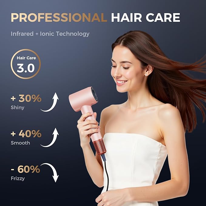 Infrared Hair Dryer, with Magnetic Nozzle - 160000 RPM Quiet lonic Blow Dryer for Women, with Frizz Control & No Heat Damage, Red Light Negative Ions, Fast Drying, for All Hair Types