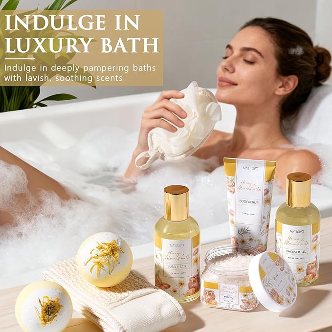 Birthday Gifts for Women, Honey & Almond Milk Relaxing Spa Gift Baskets for Women Self Care Package Bath Gift Set, Home Bath and Body Kit Pamper Valentines Day Gifts for Her Womens Mom Friends Sister
