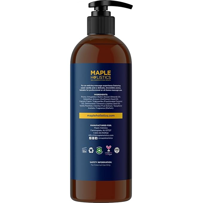 Luxurious Vanilla Massage Oil for Couples - Easy Glide Non Greasy Sweet Vanilla Sensual Massage Oils for Date Night with Silky Smooth Sweet Almond Oil Coconut and Jojoba - Vegan Non GMO & Gluten Free