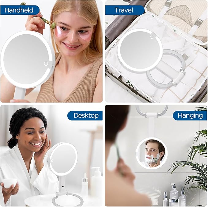 Portable Travel Makeup Mirror with Lights - 3 Color Dimmable Lights, 360° Rotation, Rechargeable Double-Sided 1X/10X Magnifying Mirror, Adjustable Brightness for Tabletop, Home & On-the-Go Use