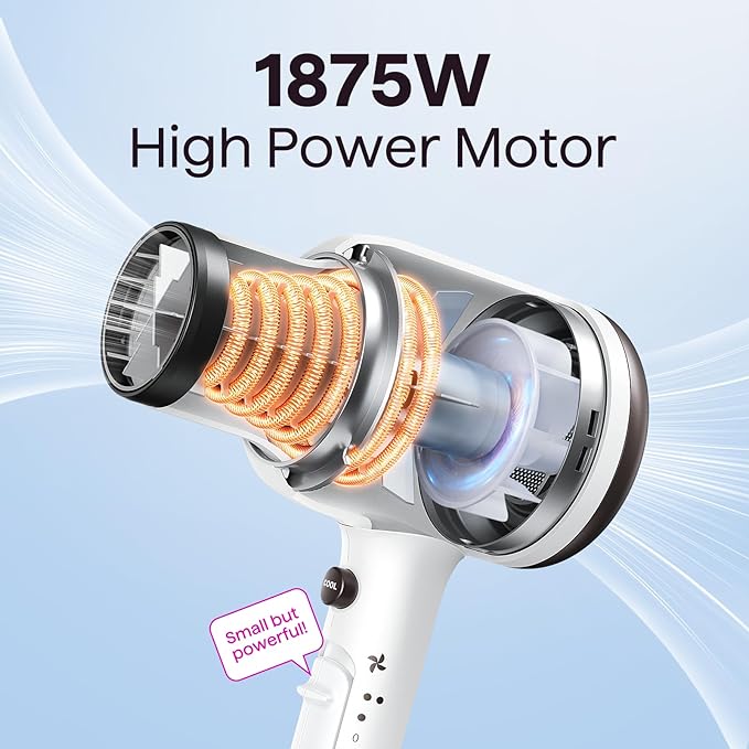 Wavytalk Hair Dryer, Blown Away Ionic Hair Dryer for Curly Hair with Diffuser, 1875W Fast Drying Blow Dryer with Ceramic Technology, 3 Attachments for All Hair Types, Light and Quiet, White